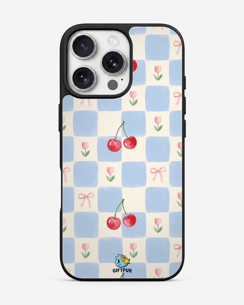 Blue Checkerboard Cherries & Tulips Glass Case image 1